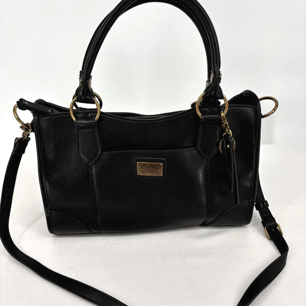Frye and Co Black Faux Leather Satchel Crossbody Bag Antique Brass Hardware